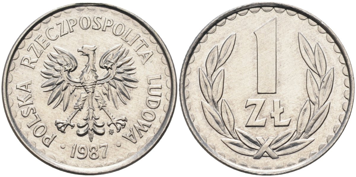 Польша 1 злотый 1987 MW, Народная Республика KM 49.2, Parchimowicz 214b алюминий aUNC 4388-137