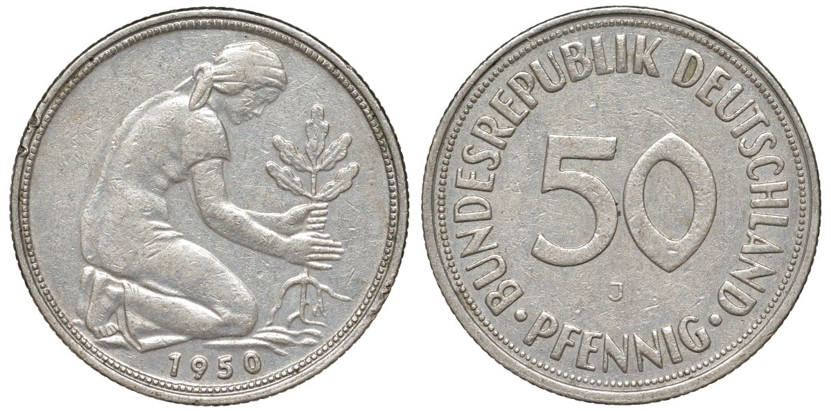 ФРГ 50 пфеннигов 1950 J KM 109, J. 384 медно-никель 4132-645