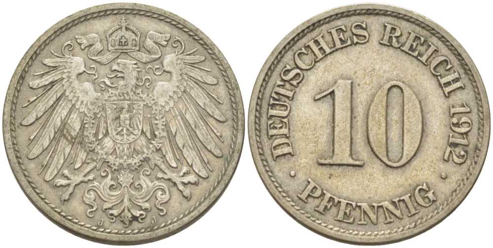 ГЕРМАНИЯ 10 ПФЕННИГОВ 1912 J KM 12, J. 13, Weege 8 медно-никель 212-221