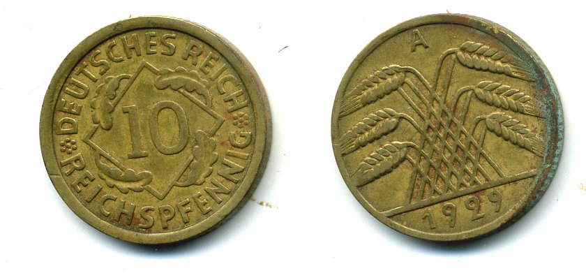 ГЕРМАНИЯ 10 РЕЙХСПФЕННИГОВ 1929 A, KM 40, J. 317 алюминиевая бронза 54-535