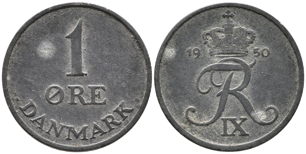 ДАНИЯ 1 ЭРЕ 1950 N; S, ФРЕДЕРИК IX (1947-1972) KM 839.1 цинк 100-664