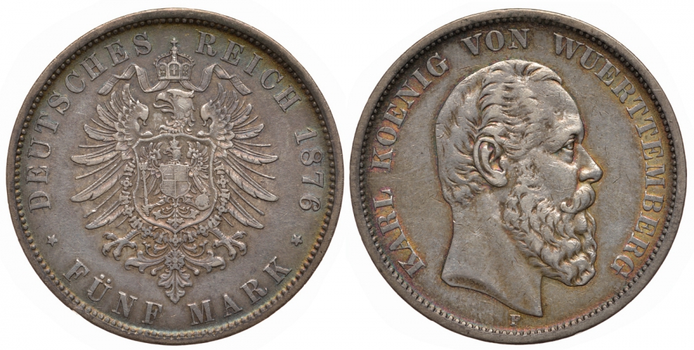 Вюртемберг 5 марок 1876 F, Карл (1864-1891), старогербовка Weege 169, J. 173, KM 623 серебро 00-822-43