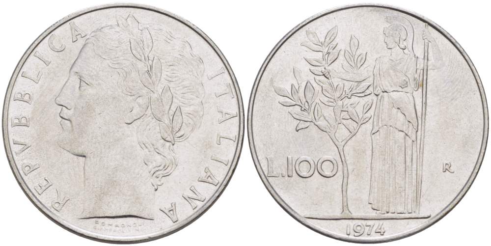 ИТАЛИЯ 100 ЛИР 1974 R, АФИНА, ДИАМЕТР 28 ММ. KM 96.1 нержавеющая сталь 4394-711