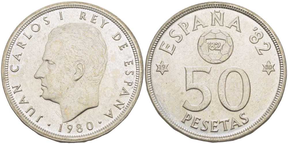Испания 50 песет 1980 (80) чемпионат мира по футболу в Испании 1982 года, Хуан Карлос I (1975-) KM 819 медно-никель 3334-915