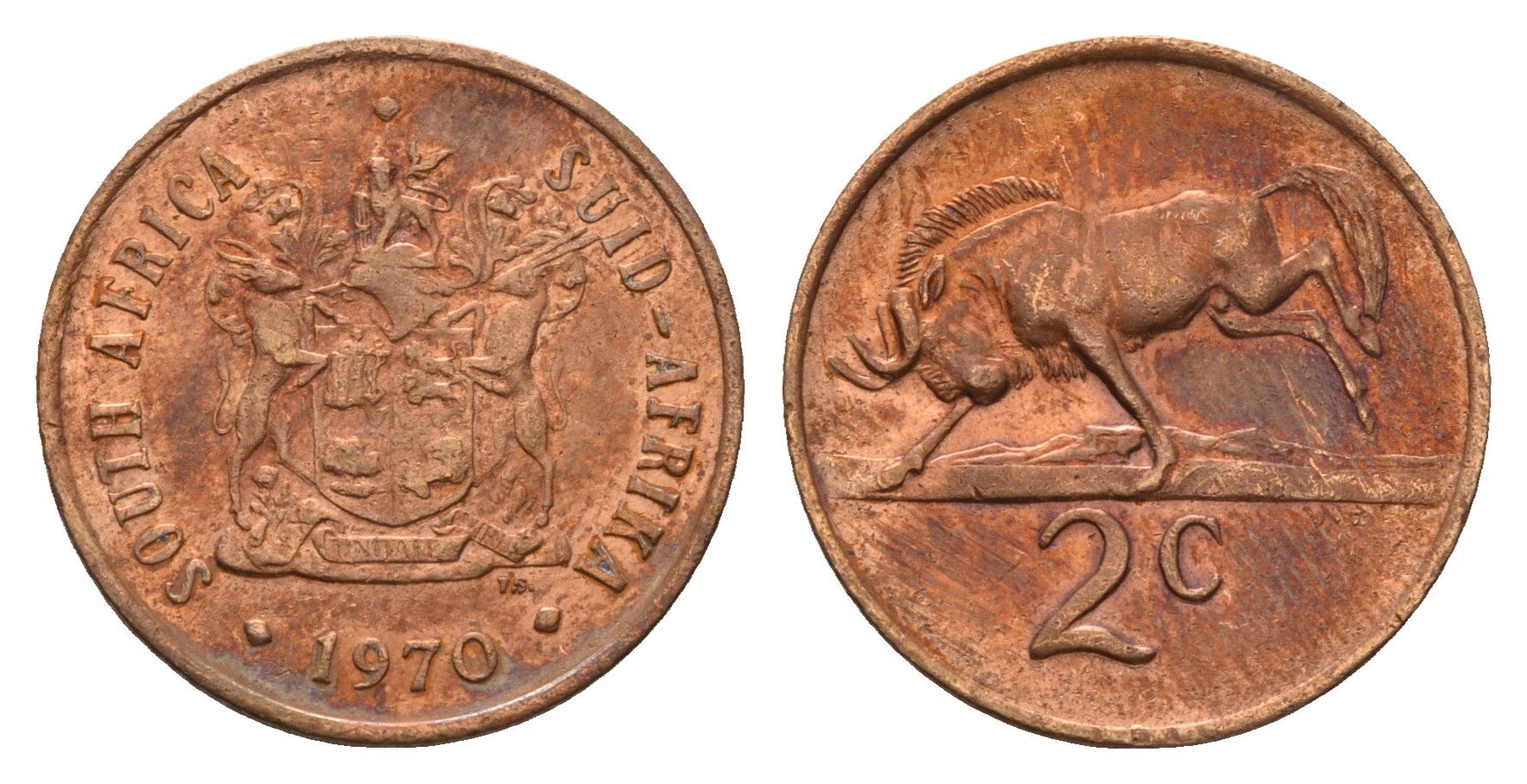 ЮАР 2 цента 1970 герб, антилопа гну KM 83 бронза 4114-633