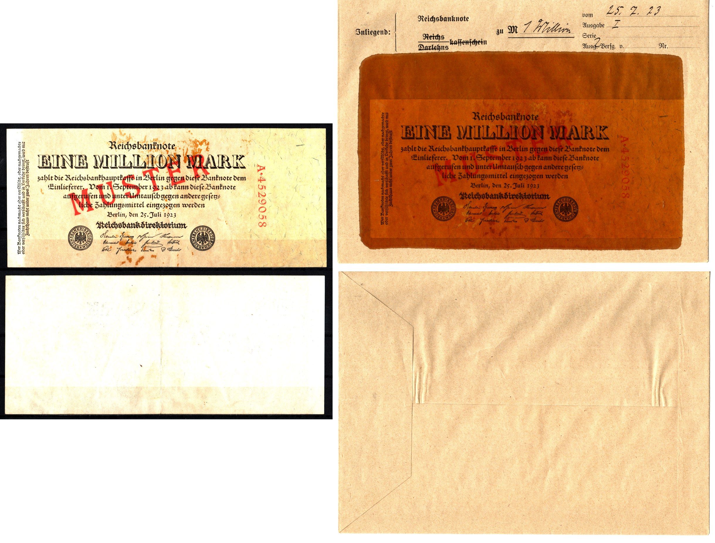 Германия 1000000 марок 1923 острые буквы, 25 июля, MUSTER, образец, Specimen. В оригинальном банковском конверте. Из коллекции Отто Сейфферта (помощник Ялмара Шахта - министра экономики Германии и президента Рейхсбанка времен третьего рейха) Pick 94 s, Gr
