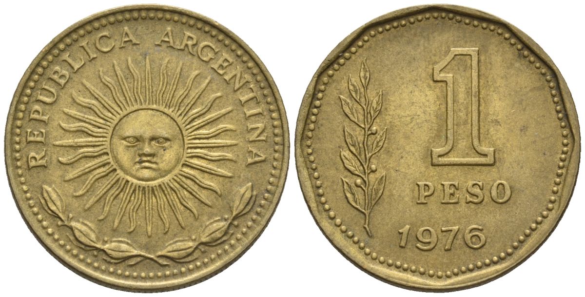 Аргентина 1 песо 1976 майское солнце KM 69, CJ 326, Schon 69 алюминиевая бронза    60-1054