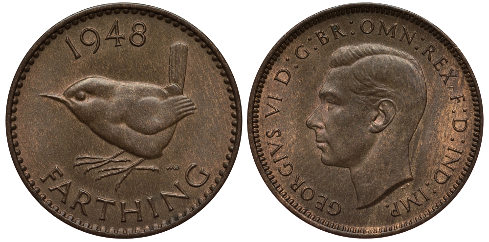 Великобритания 1 фартинг 1948 Георг VI (1936-1952) KM 843, Spink 4116 бронза 100-1067