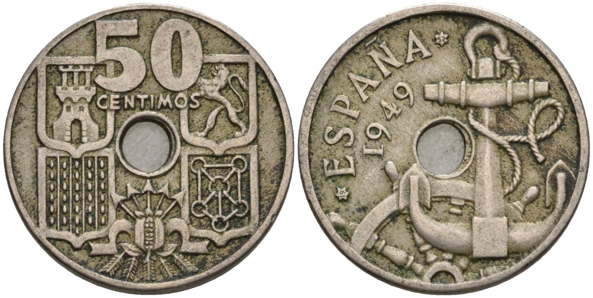 Испания 50 сентимо 1949 (52) Франсиско Франко (1939-1975) KM 777 медно-никель 4604-531