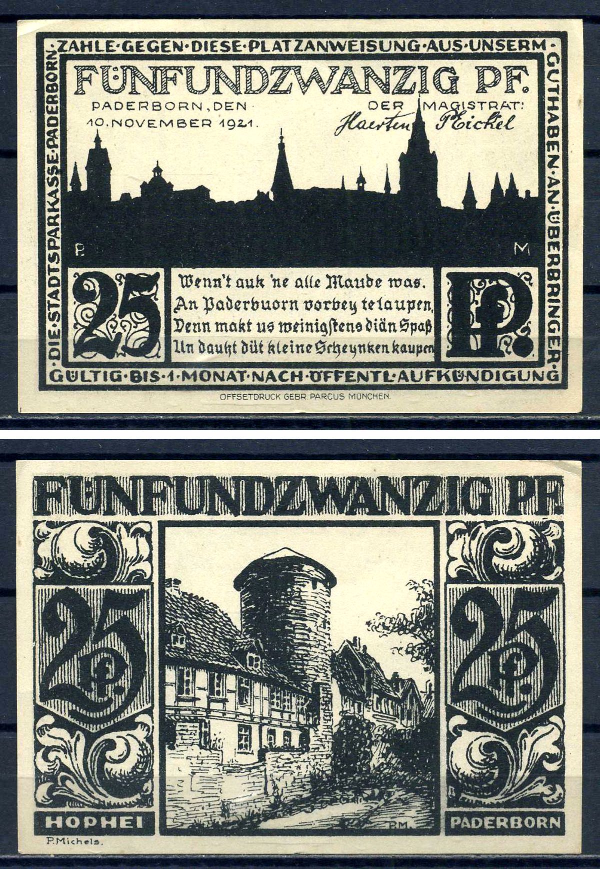 Падерборн (Вестфалия) 25 пфеннигов 1921 DeNG 1/2 1043.6-1/5 бумага UNC (пресс) 7556-4-2-2