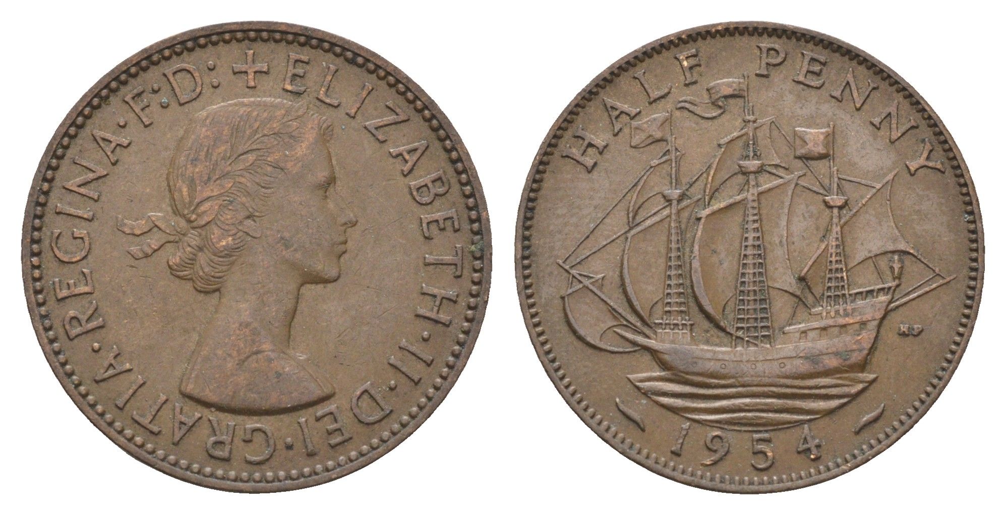 Великобритания 1/2 пенни 1954 Елизавета II (1952-2022) KM 896, Spink 4158 бронза 4662-1127