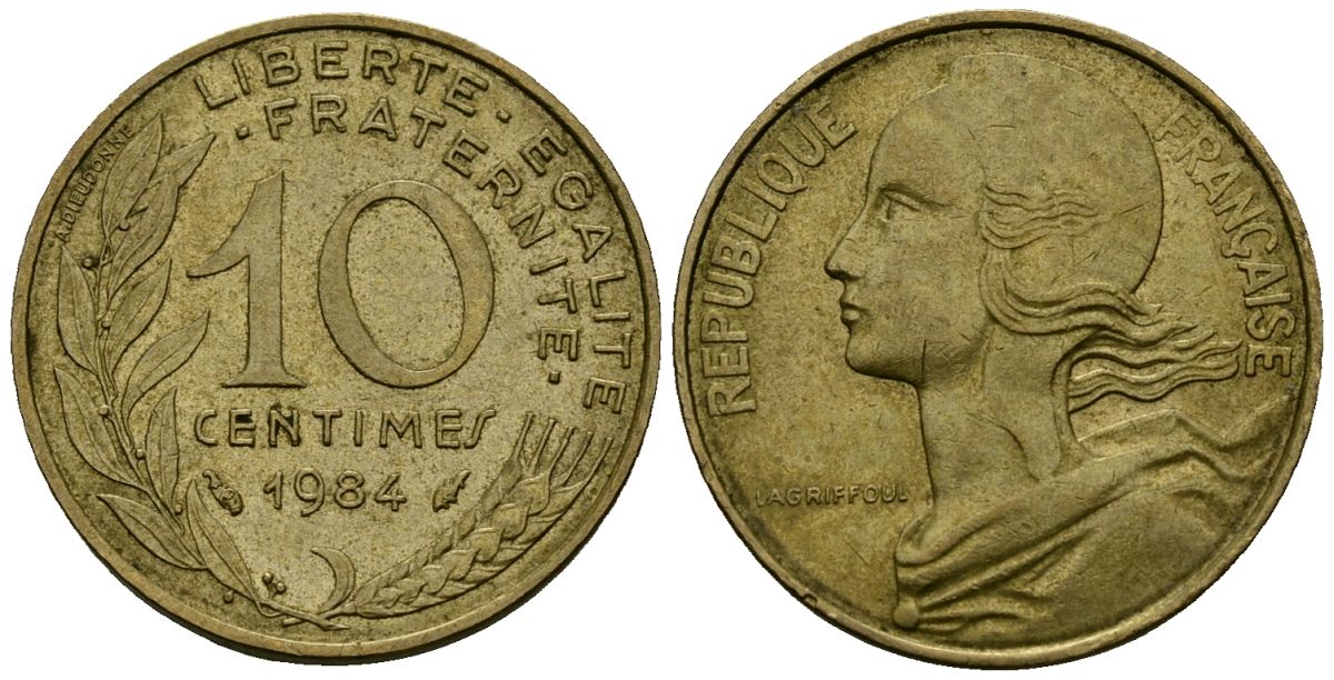 Франция 10 сантимов 1984 тип Marianne KM 929 алюминиевая бронза 4136-423
