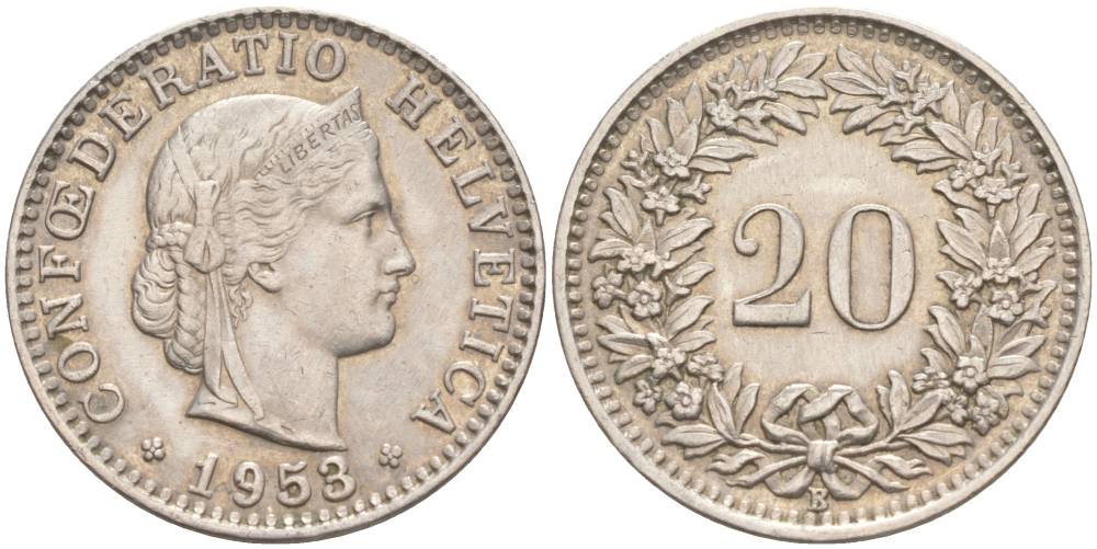 ШВЕЙЦАРИЯ 20 РАППЕНОВ 1953 В KM 29a медно-никель 55-731