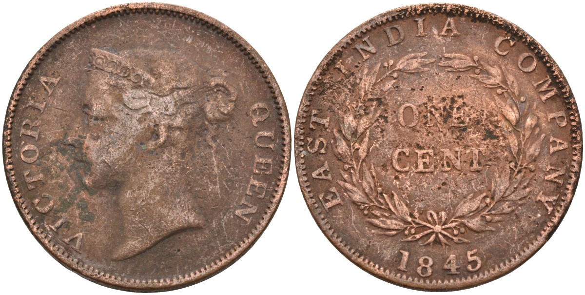 Стрейтс-Сетлментс 1 цент 1845 Виктория (1837-1901), Ост-Индская компания KM 3 медь 4590-145