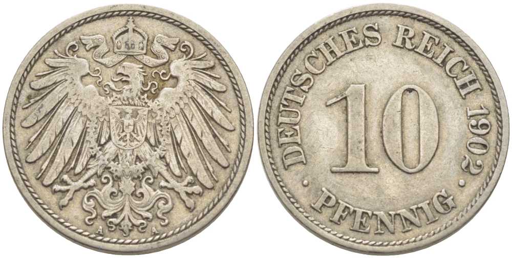 ГЕРМАНИЯ 10 ПФЕННИГОВ 1902 А KM 12, J. 13 медно-никель 210-641