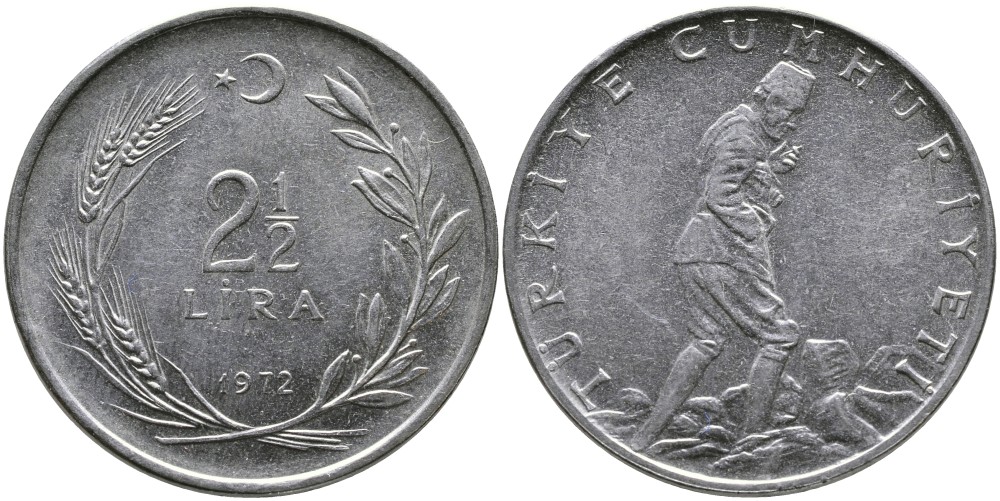 ТУРЦИЯ 2 1/2 ЛИРЫ 1972 KM 893.2 нержавеющая сталь 29-624