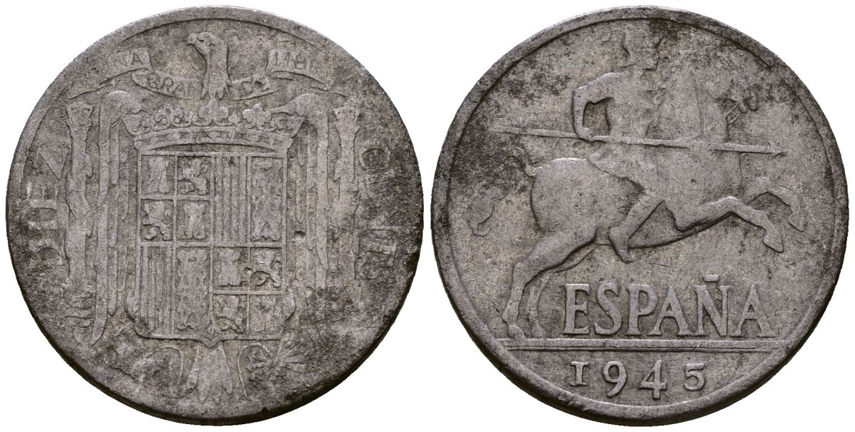 Испания 10 сентимо 1945 рыцарь на коне KM 766 алюминий 4176-456