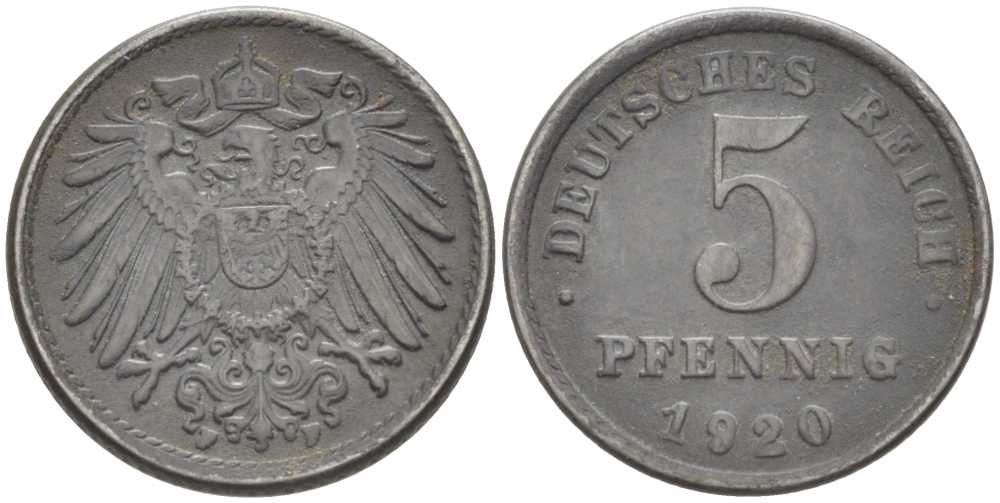 Германия 5 пфеннигов 1920 F KM 19, J. 297 железо 99-237
