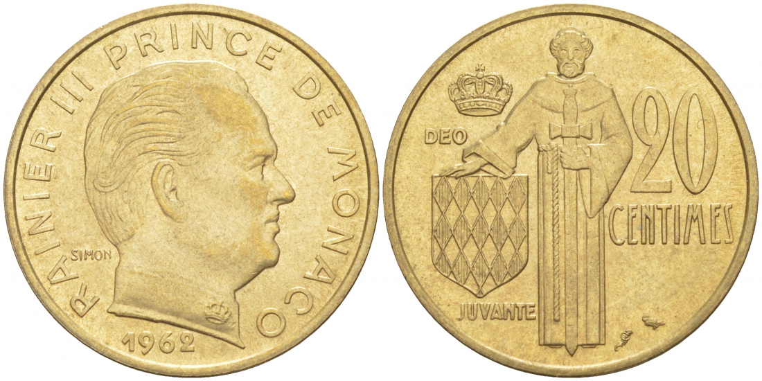 Монако 20 сантимов 1962 Ренье III (1949-2005) KM 143 алюминиевая бронза 73-165