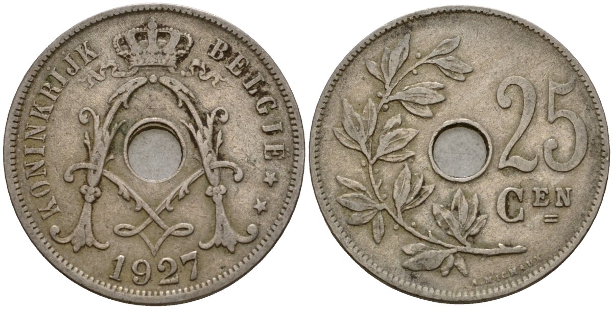 Бельгия 25 сантимов 1927 Belgie KM 69 медно-никель 33-1142