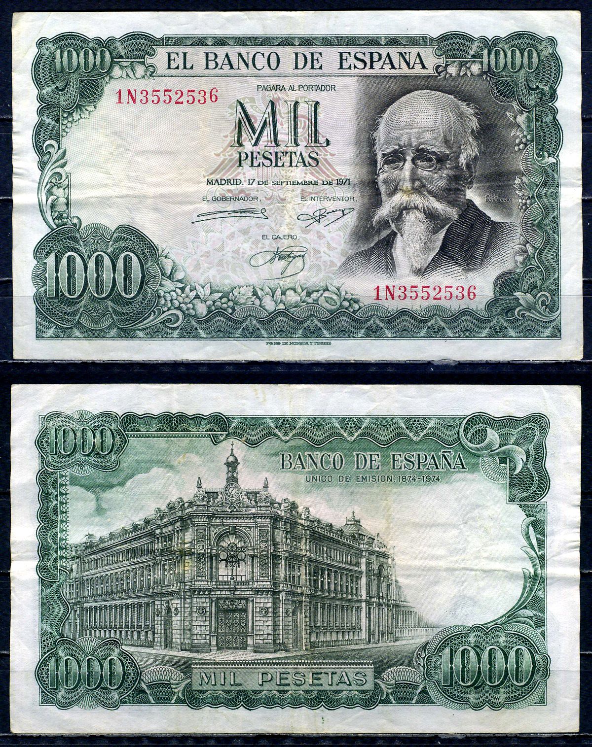 Испания 1000 песет 1972 (1974) Хосе Эчегерай-и-Эйсагирре, 100 лет со дня того, как Banco de Espa?a стал единственным банком-эмитентом (1874–1974) Pick 154 бумага 6294-43-3-2