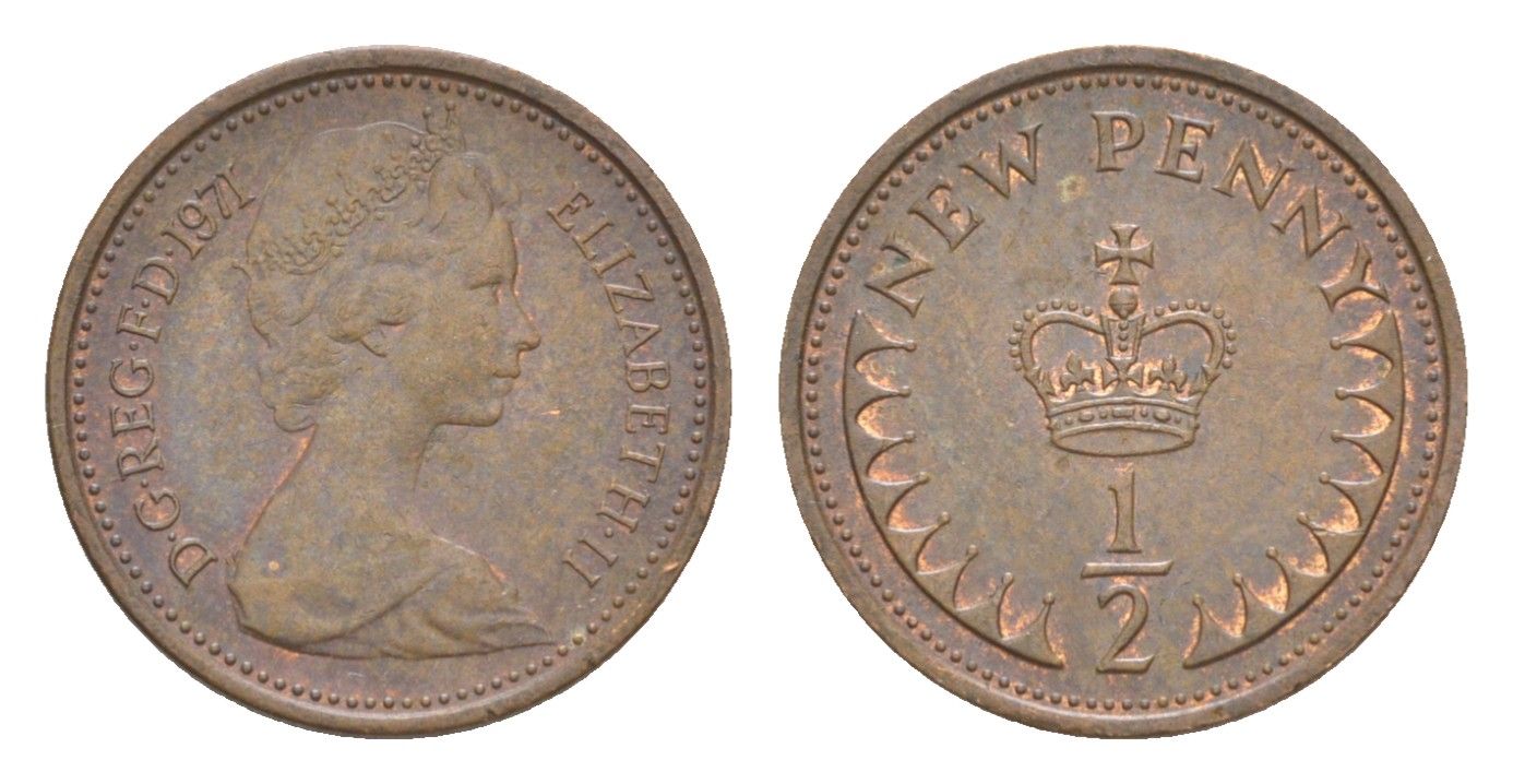 Великобритания 1/2 пенни 1971 Елизавета II (1952-2022) КМ 914, Spink 4239 бронза 4639-238