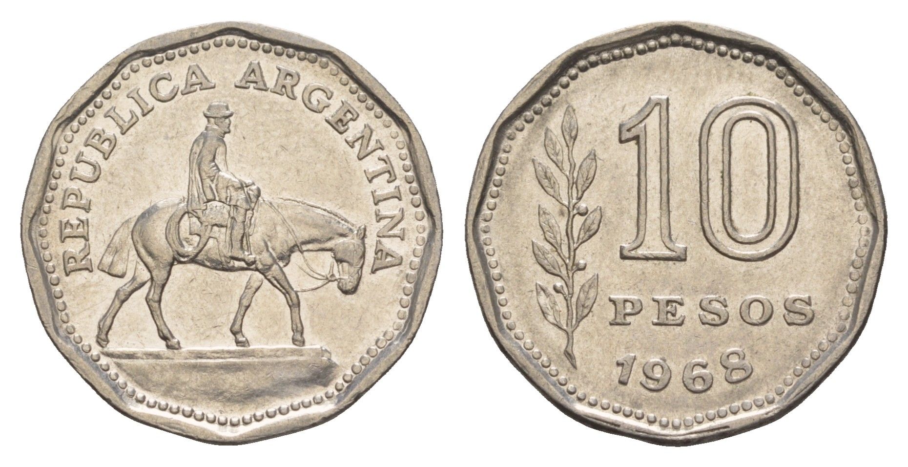 Аргентина 10 песо 1968 Гаучо KM 60 сталь плакированная никелем 4656-1143