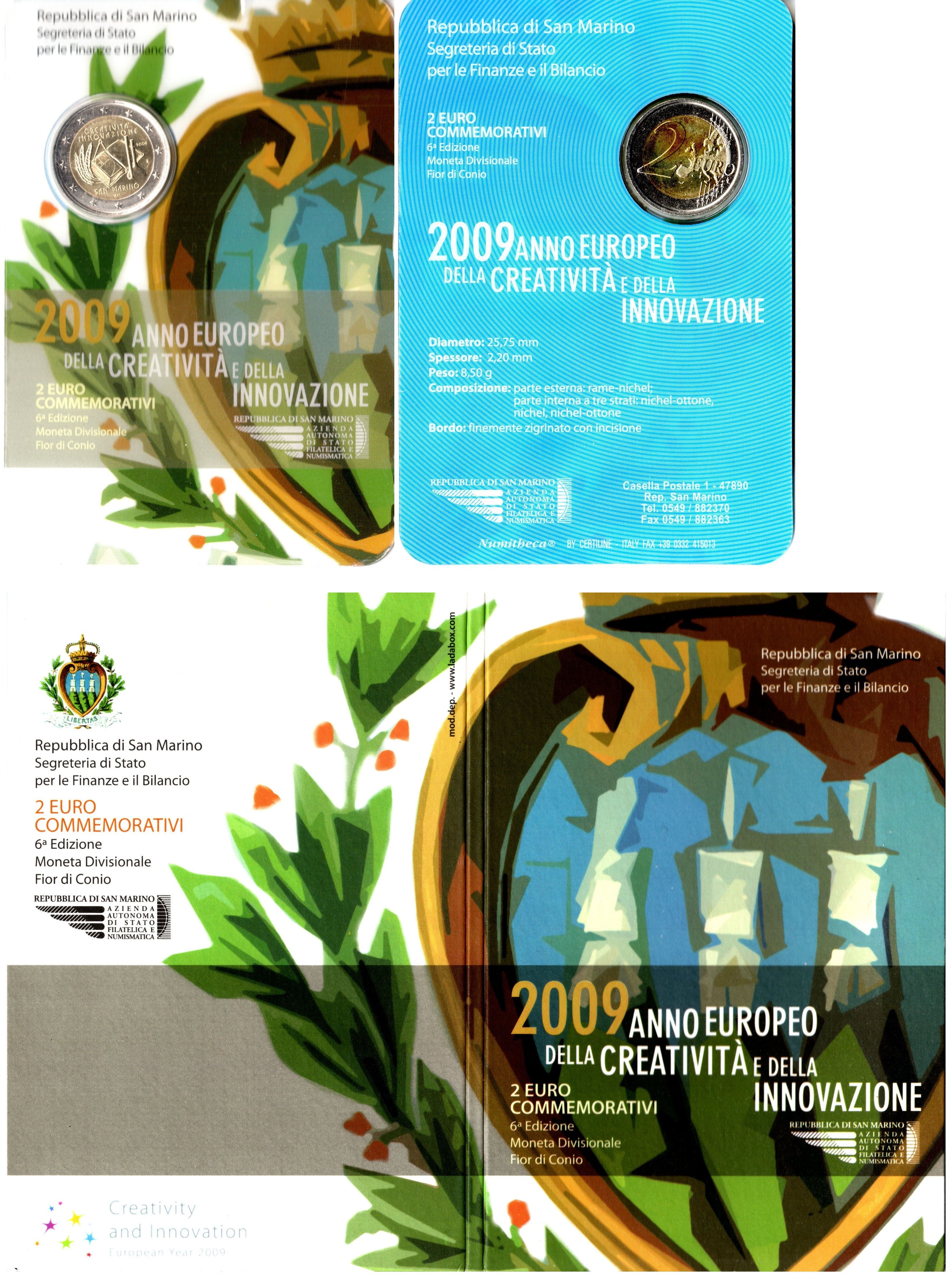 Сан-Марино 2 евро 2009 Европейский год креатива и инноваций, в оригинальном буклете KM 490 биметалл UNC 8-2-01-08