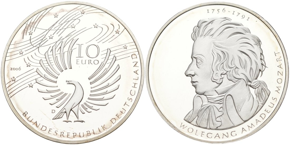 ФРГ 10 евро 2006 D, 250 лет со дня рождения Вольфганга Амадея Моцарта KM 248, DE.S. 10.29 серебро PROOF 01-345-31