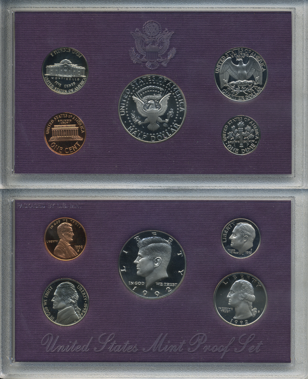США официальный набор из 5 монет 1992 S, набор президентов, в пластике, оригинальная коробка, Кеннеди PROOF 00-00