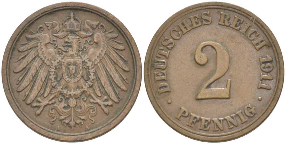 ГЕРМАНИЯ 2 ПФЕННИГА 1911 A KM 16, J. 11, Weege 4 медь 212-351