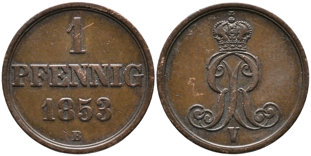ГАННОВЕР 1 ПФЕННИГ 1853 В, ГЕОРГ V (1851-1866) KM 221 медь 100-626