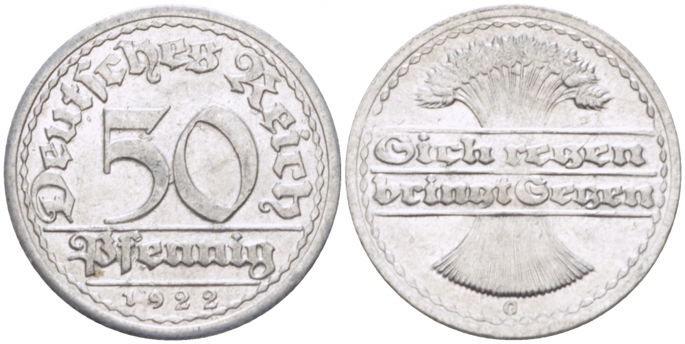 ГЕРМАНИЯ 50 ПФЕННИГОВ 1922 G KM 27, J. 301, Weege 10 алюминий 77-625