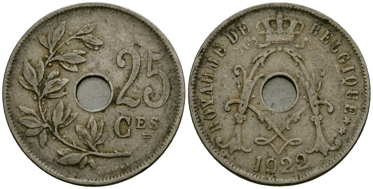 Бельгия 25 сантимов 1922 Belgique KM 68 медно-никель 4165-433