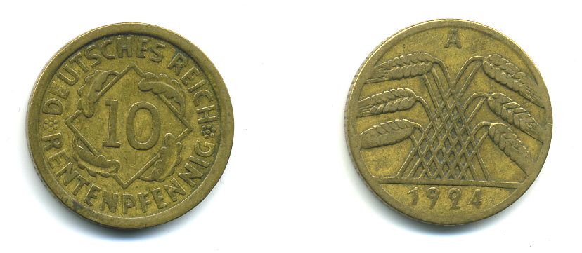 ГЕРМАНИЯ 10 РЕНТЕНПФЕННИГОВ 1924 A KM 33, J. 309, Weege 8 алюминиевая бронза 46-1347