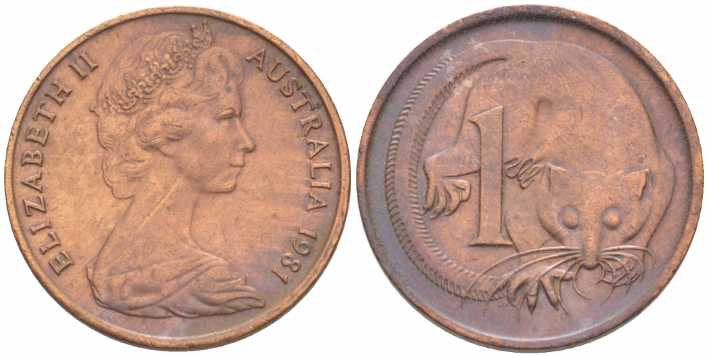 АВСТРАЛИЯ 1 ЦЕНТ 1981 ЕЛИЗАВЕТА II, МОЛОДОЙ ПОРТРЕТ, ОПОССУМ KM 62 бронза 3955-461