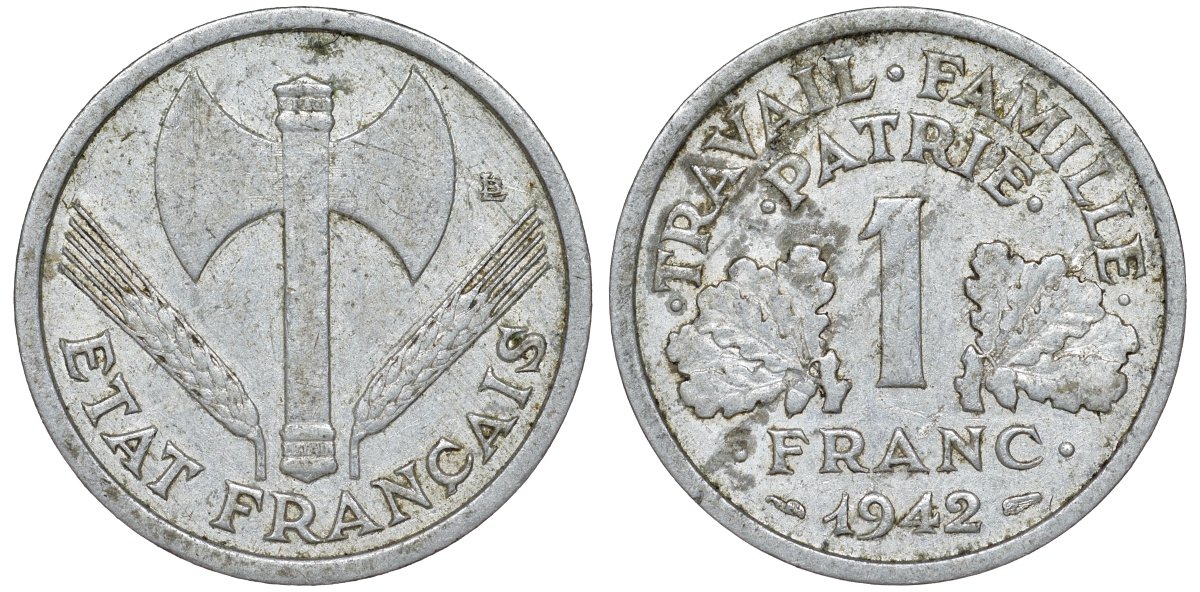 Франция 1 франк 1942 LB, тип Lourde, правительство Виши KM 902.1, Le Franc 222.2 алюминий 51-2425