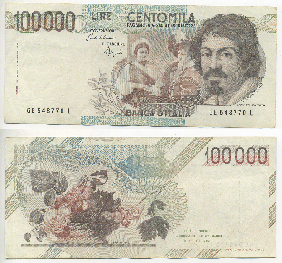 Италия 100000 лир 1983 Караваджо, фруктовый букет, подпись Speziali Pick 110b бумага 7220-17-1