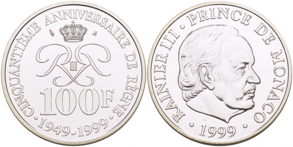 Монако 100 франков 1999 50 лет правления Ренье III KM 175 серебро UNC 1087-4-23