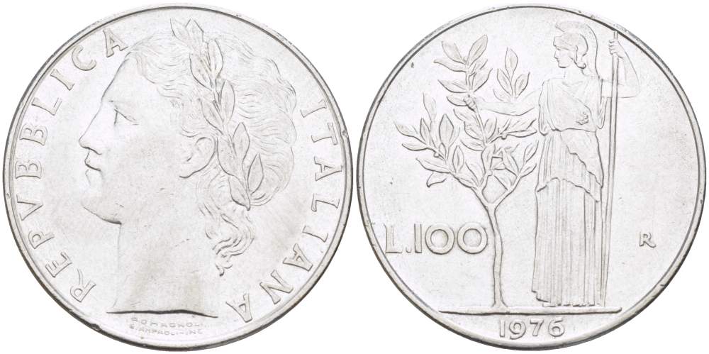 ИТАЛИЯ 100 ЛИР 1976 R, АФИНА KM 96.1 нержавеющая сталь 4526-331