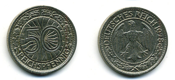 Германия 50 рейхспфеннигов 1928 A KM 49, J.324 никель 58-456