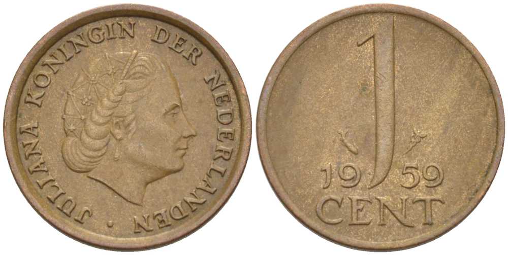 НИДЕРЛАНДЫ 1 ЦЕНТ 1959 ЮЛИАНА KM 180 бронза 66-851