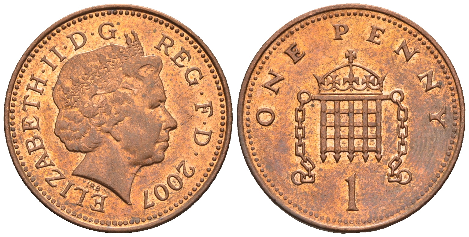 Великобритания 1 пенни 2007 Елизавета II (1952-2022) KM 986, Spink 4710 (B5) сталь плакированная медью 4609-635