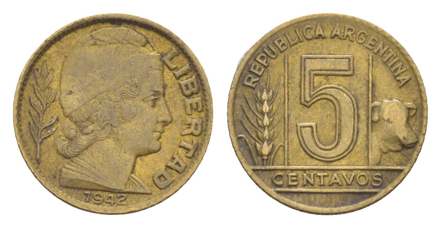 Аргентина 5 сентаво 1942 самый редкий год тиража - 2.130.000 KM 40 алюминиевая бронза 4651-965