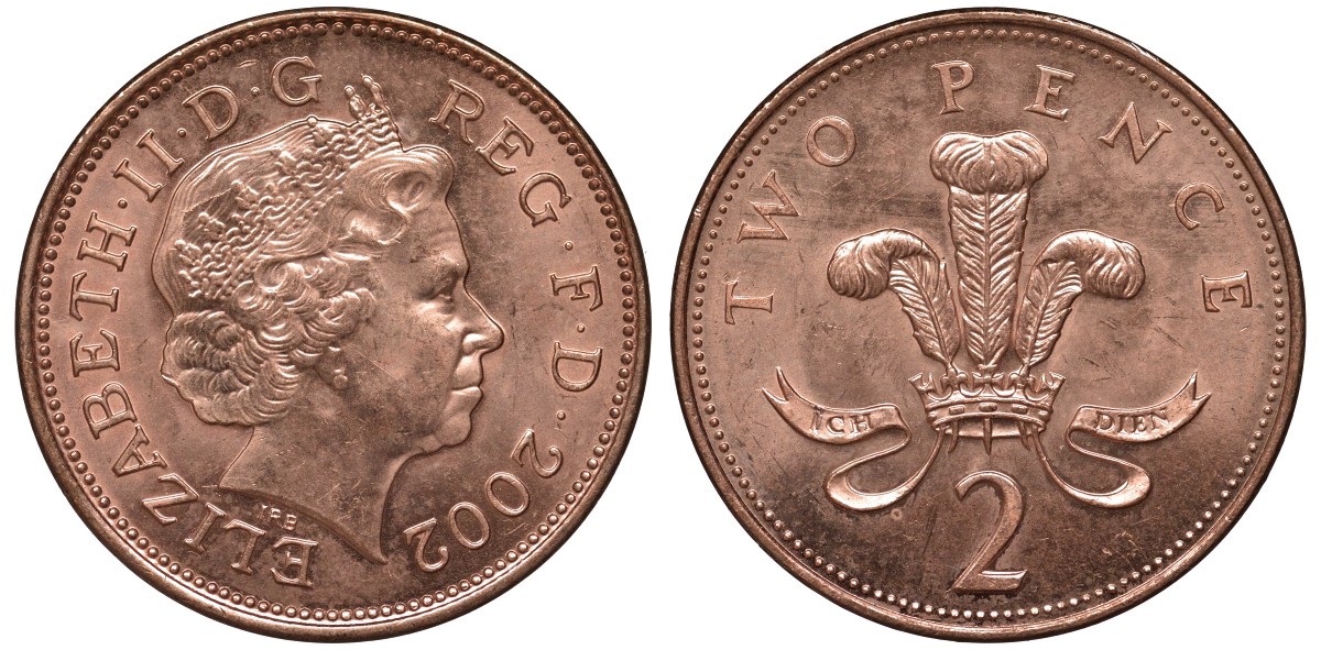Великобритания 2 пенса 2002 Елизавета II (1952-2022) KM 987, Spink 4690 (C5) сталь плакированная медью UNC 4122-842