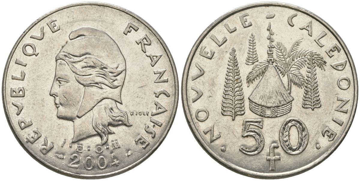 Французская Новая Каледония 50 франков 2004 хижина среди сосен и пальм, (IEOM) KM 13, Schoen 15, Lec 121 никель 111-935