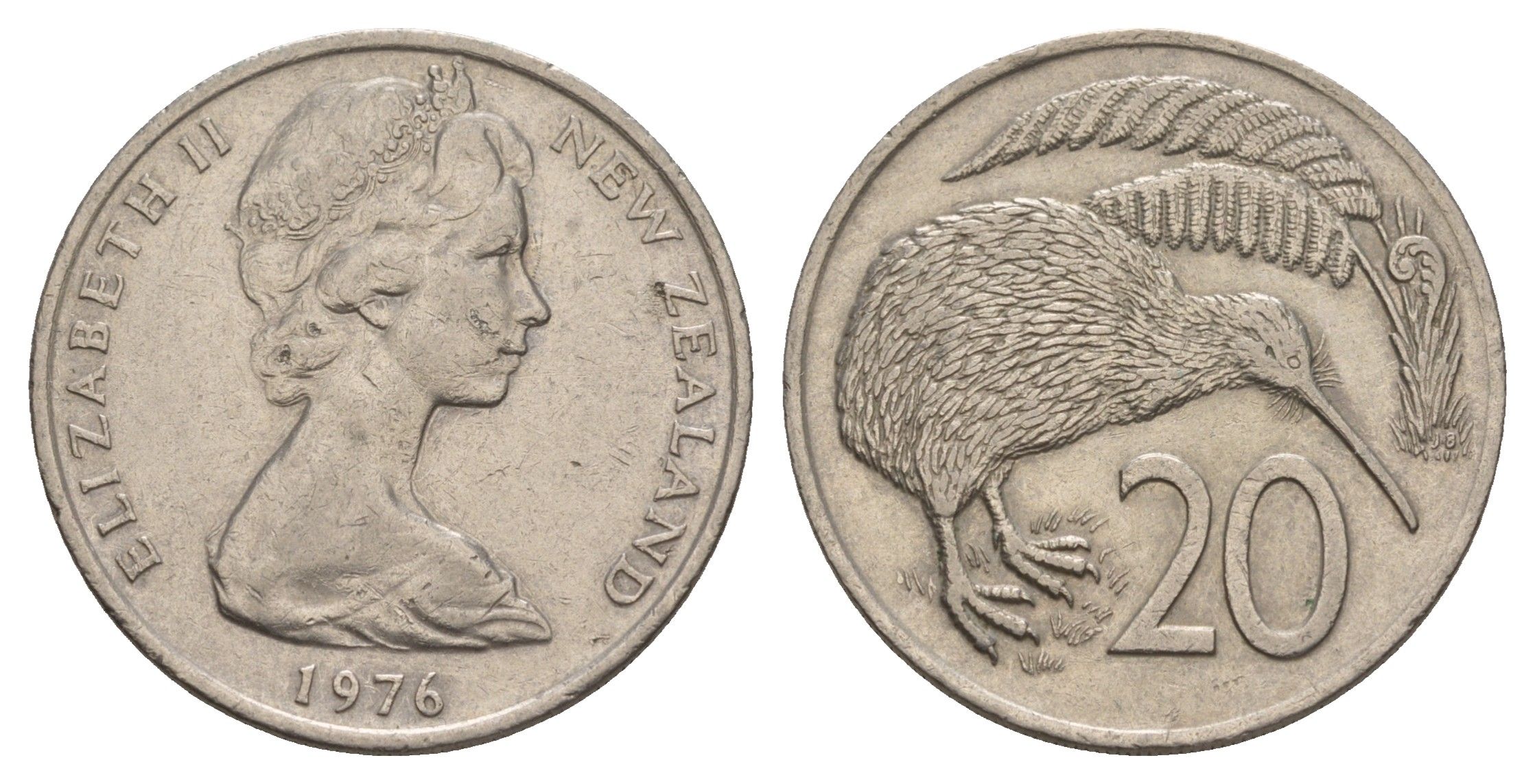 Новая Зеландия 20 центов 1976 Елизавета II (1952-2022), птичка киви KM 36.1 медно-никель 4653-441