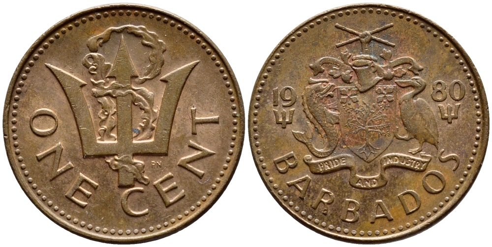 Барбадос 1 цент 1980 сломанный трезубец Британии KM 10 бронза 4396-1258