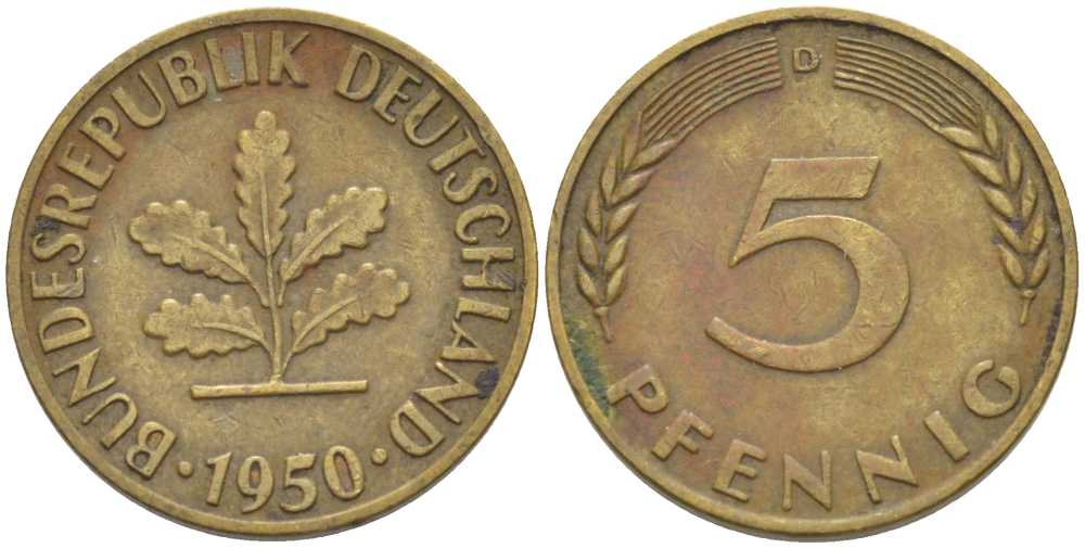 ФРГ 5 ПФЕННИГОВ 1950 D KM 107, J. 382 сталь плакированная латунью 66-757