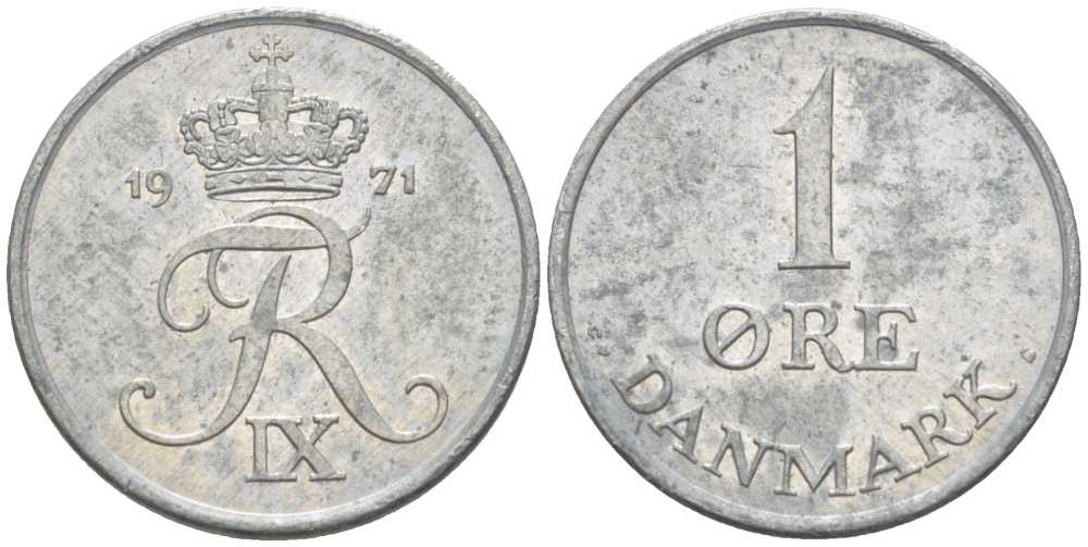 Дания 1 эре 1971 С; S, Фредерик IX (1947-1972) KM 839.2 цинк 4387-651